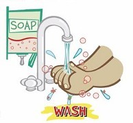 Clip art of hands being washed under a sink using soap from a dispenser